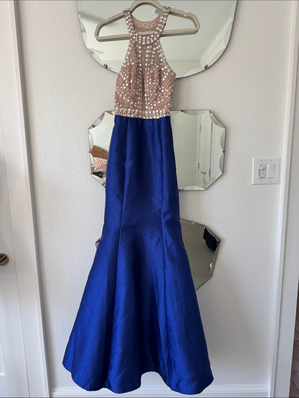 Xscape Royal Blue and Nude Beaded Halter Prom Gown